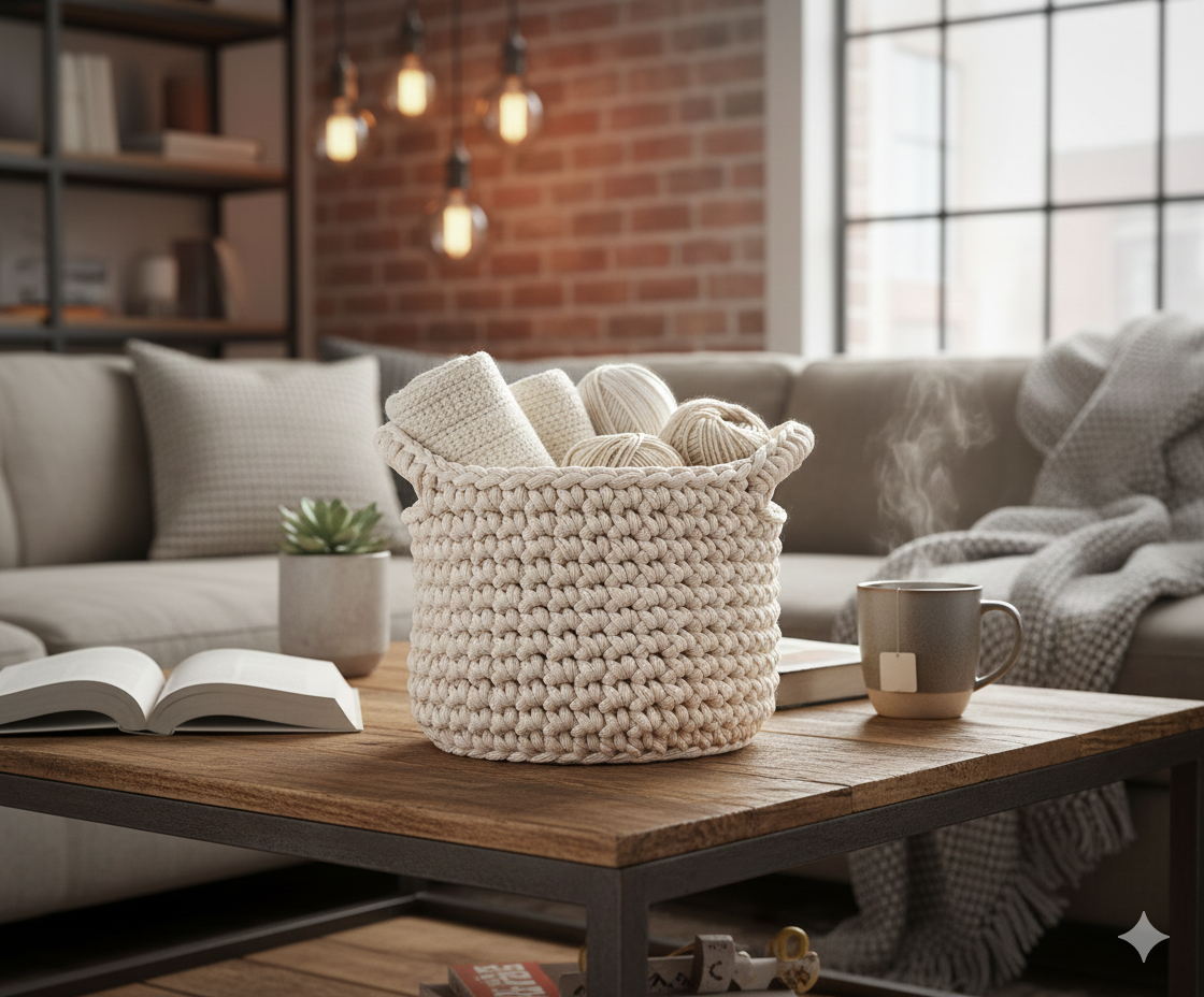 Panier crocheté à la main "Feuilles et lumières"